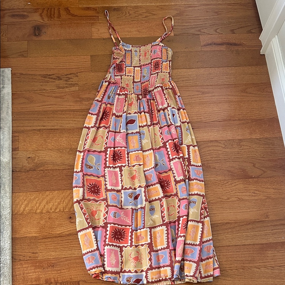 Patrons of Peace Patchwork Midi Dress in Pink, Blue, Tan, Cream & Orange